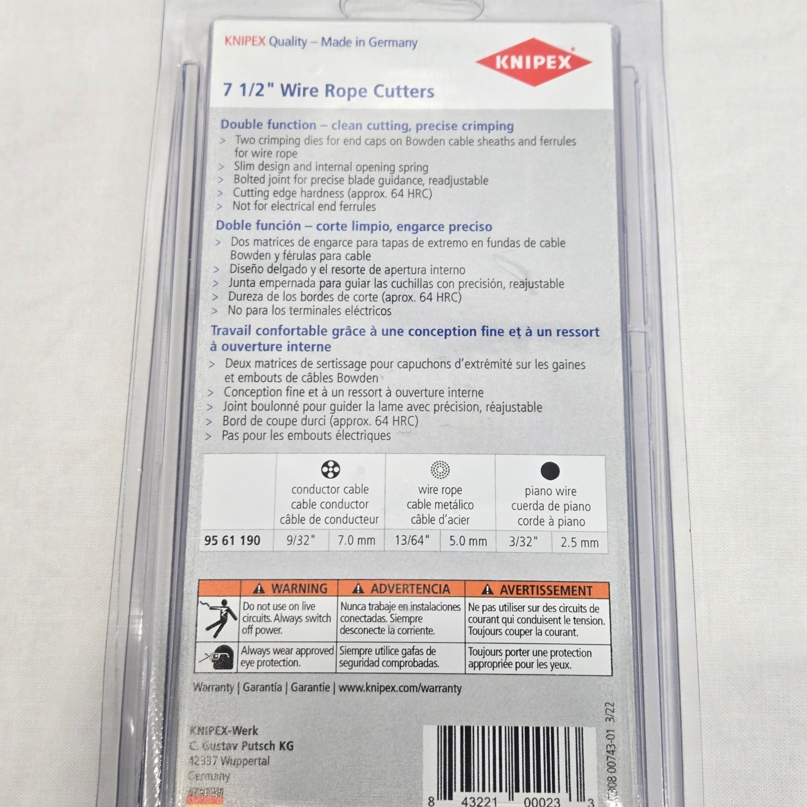 Knipex 95 61 190 SBA 7-1/2 Inch Wire Rope Cutters and Crimpers Made in Germany