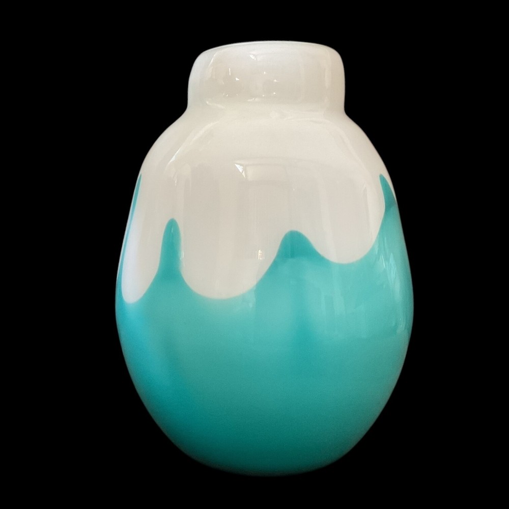 Stunning Turquoise Reverse Drip 8" Art Glass Vase