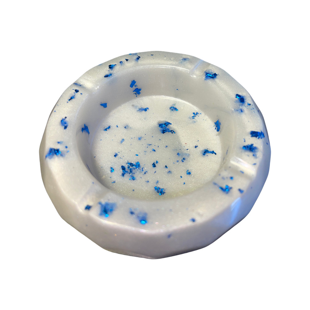 White With Sparkling Blue Resin Ashtray Handmade