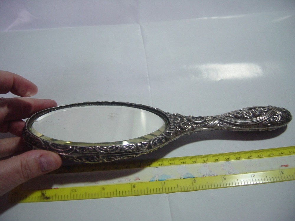 SPECTACULAR-SOLID SILVER - LARGE ELEGANT HAND HELD MIRROR-SUPERB DESIGN