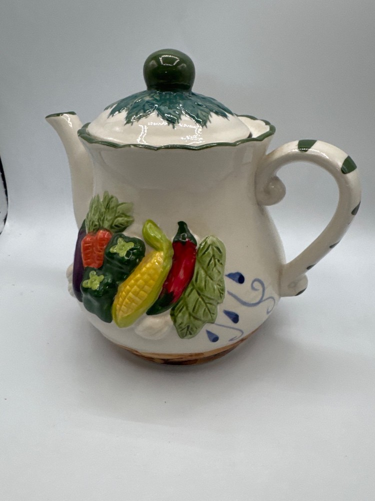 Ceramic Vegetable Teapot Kitchenware Cream Harvest Design Hand Painted Used
