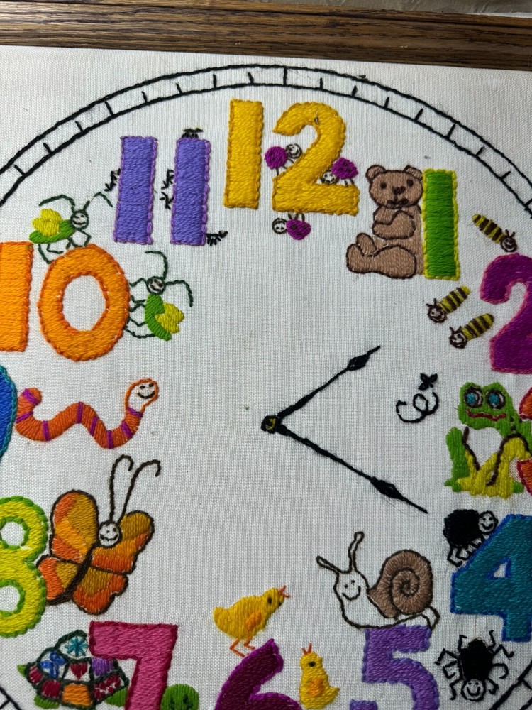 Vintage Needlepoint "A Toy-Themed Wall Clock Scene" - Framed