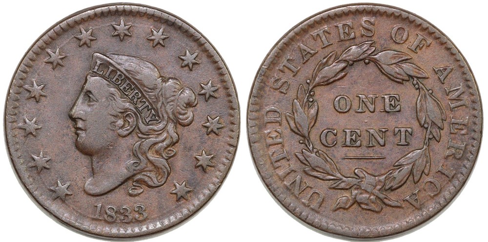 1833 1c N-2 Coronet or Matron Head Large Cent