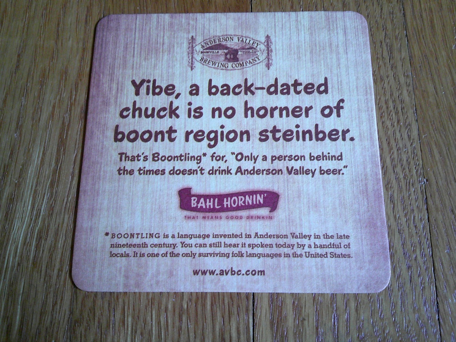 Boontling Beer Coaster Folk Language Anderson Brewing Boonville CA Collectible