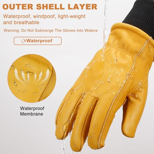 Winter Leather Work Gloves for Men, Warm Thinsulate Insulation, Waterproof,