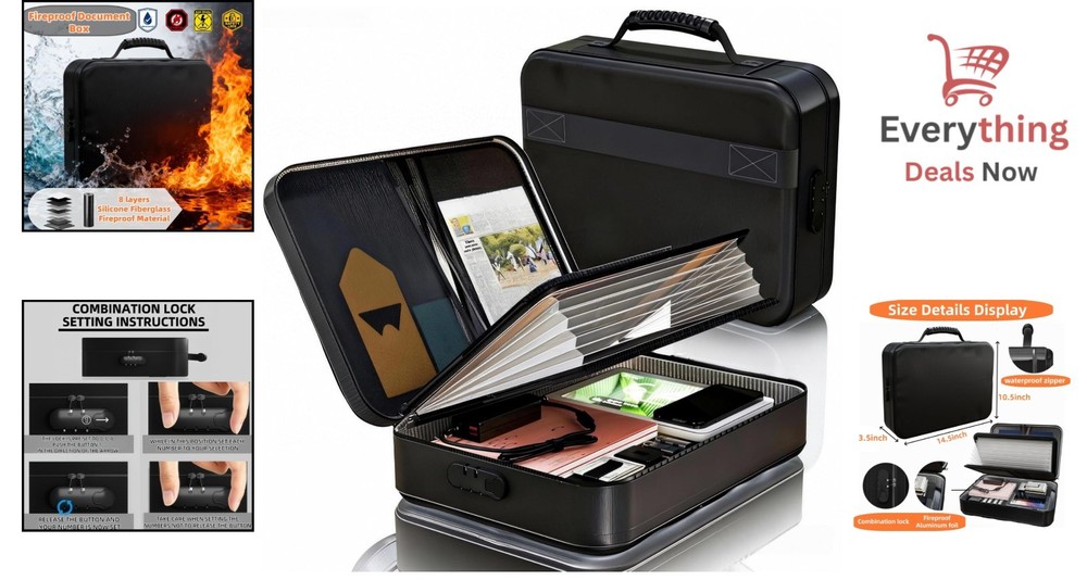 Fireproof Document Box with Lock Waterproof File Organizer Bag for Certificates