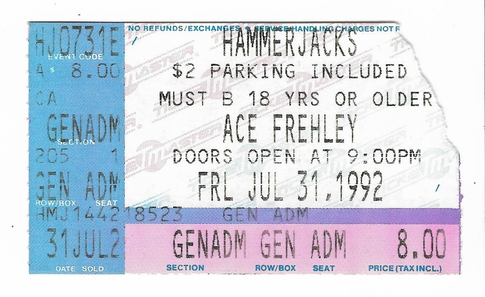 Ace Frehley of Kiss 7/31/92 Baltimore MD Hammerjacks MEGA RARE Ticket Stub