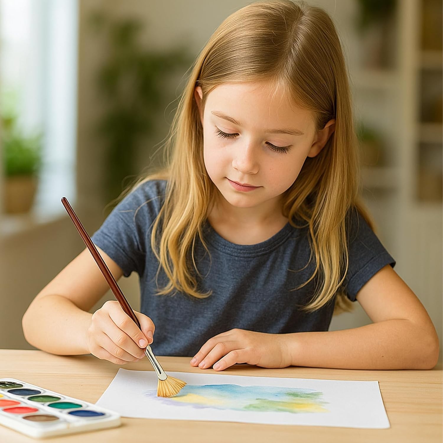 6-Piece Fan Brush Set for Acrylic Watercolor Oil Painting with Wood Handle