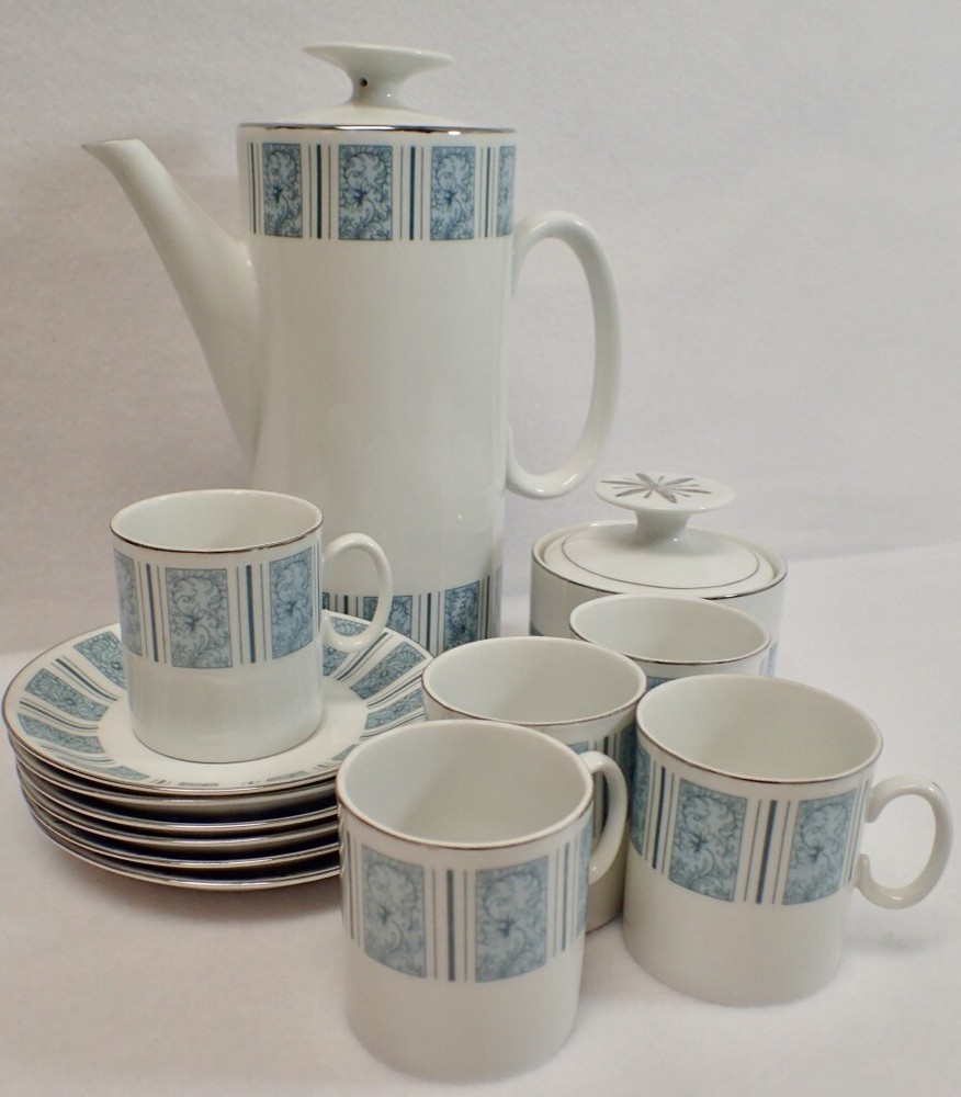 Retro MCM Design Blue Scroll China Set Cups Saucers Sugar Lidded Coffee Pot