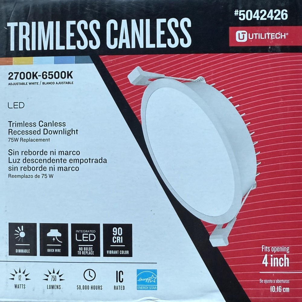 Utilitech 4” 750 Lumens LED Canless Trimless Recessed Downlight Dimmable Light
