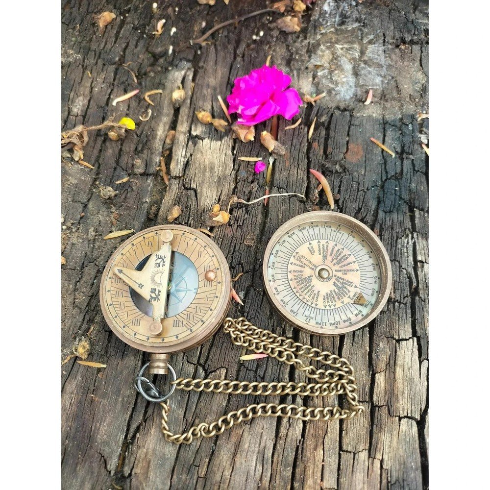Brass Pocket Compass with Chain Engraved Lid Nautical Decor Gift