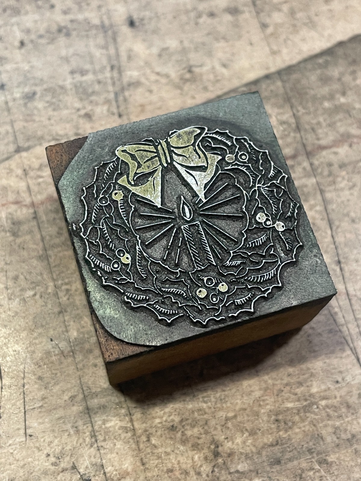 Printing Letterpress Printers Block Christmas Wreath With Bow And Candle (1357)