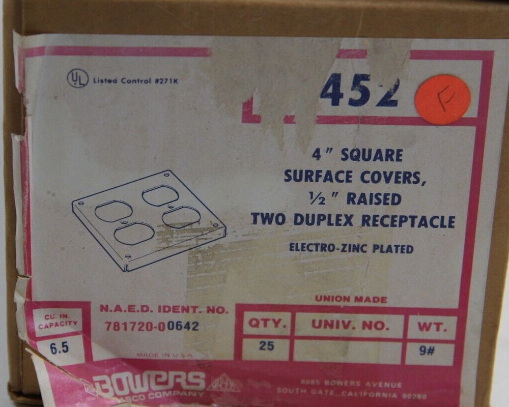 Bowers 452 Square 4" Surface Covers Two Duplex Receptacle 1/2" Raised