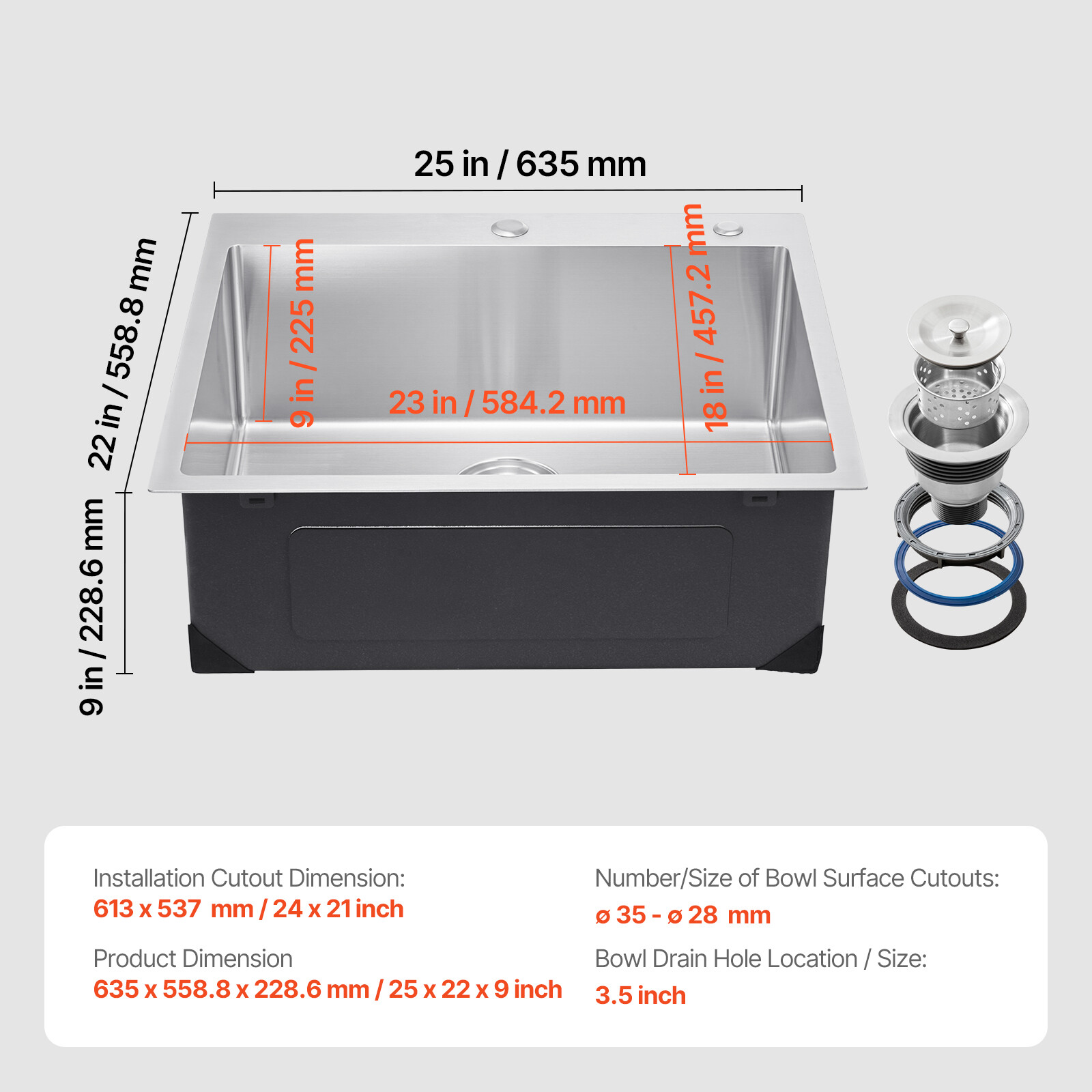 25" Drop In Kitchen Sink Single Bowl Stainless Steel Top Mount Kitchen Bar