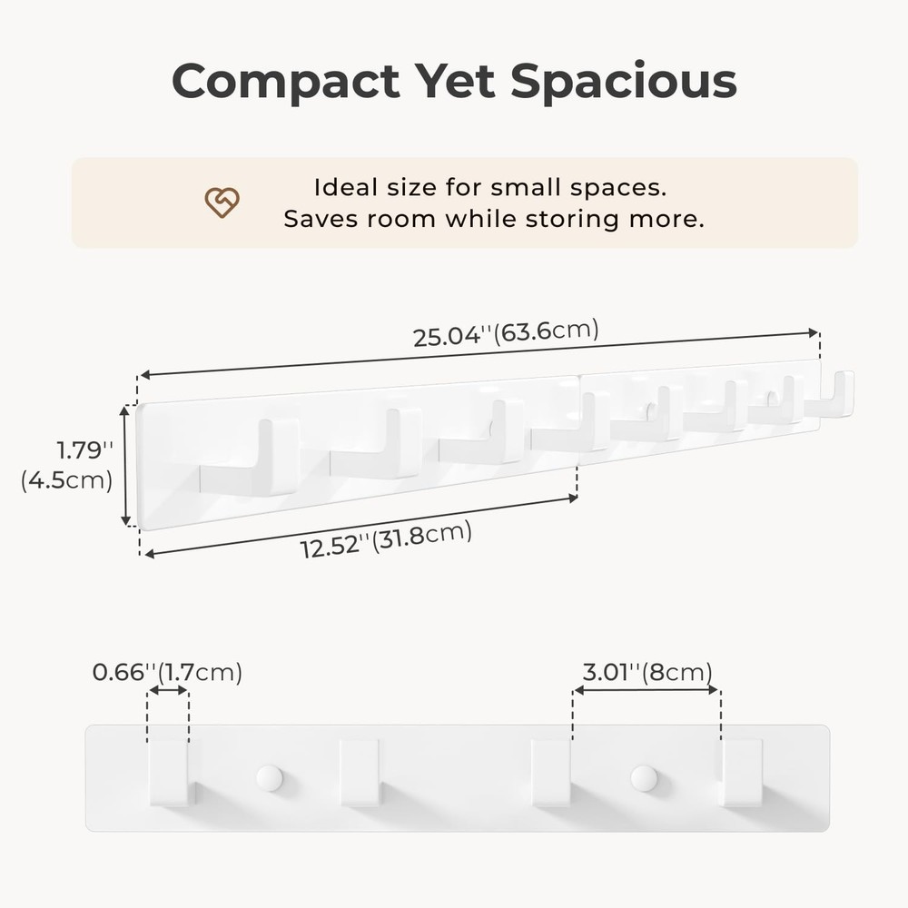 White Wall Mounted Coat Rack - 2 Modular Rails (25'' Total), 8 Right-Angle Ho...