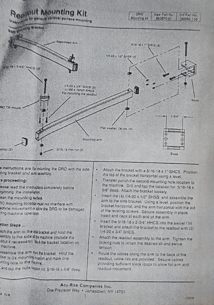Acu-Rite #683670-01 DRO Mounting Arm