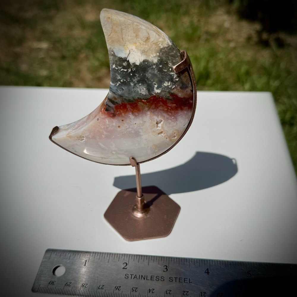 Rainbow Plume Agate Moon Crystal Carving on Stand 6”