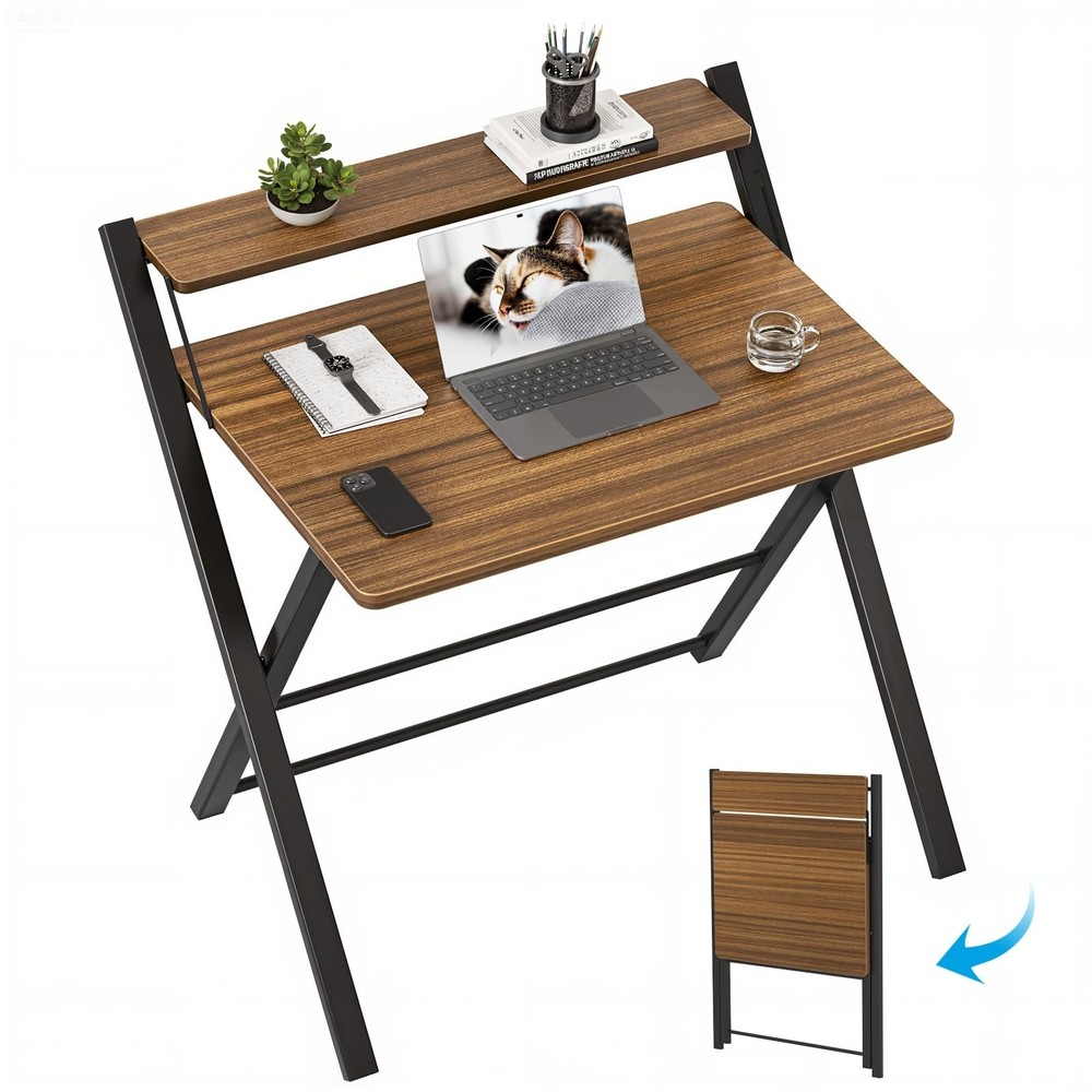 GreenForest No Assembly Folding Desk, 2-Tier Compact Computer Desk with Shelf...