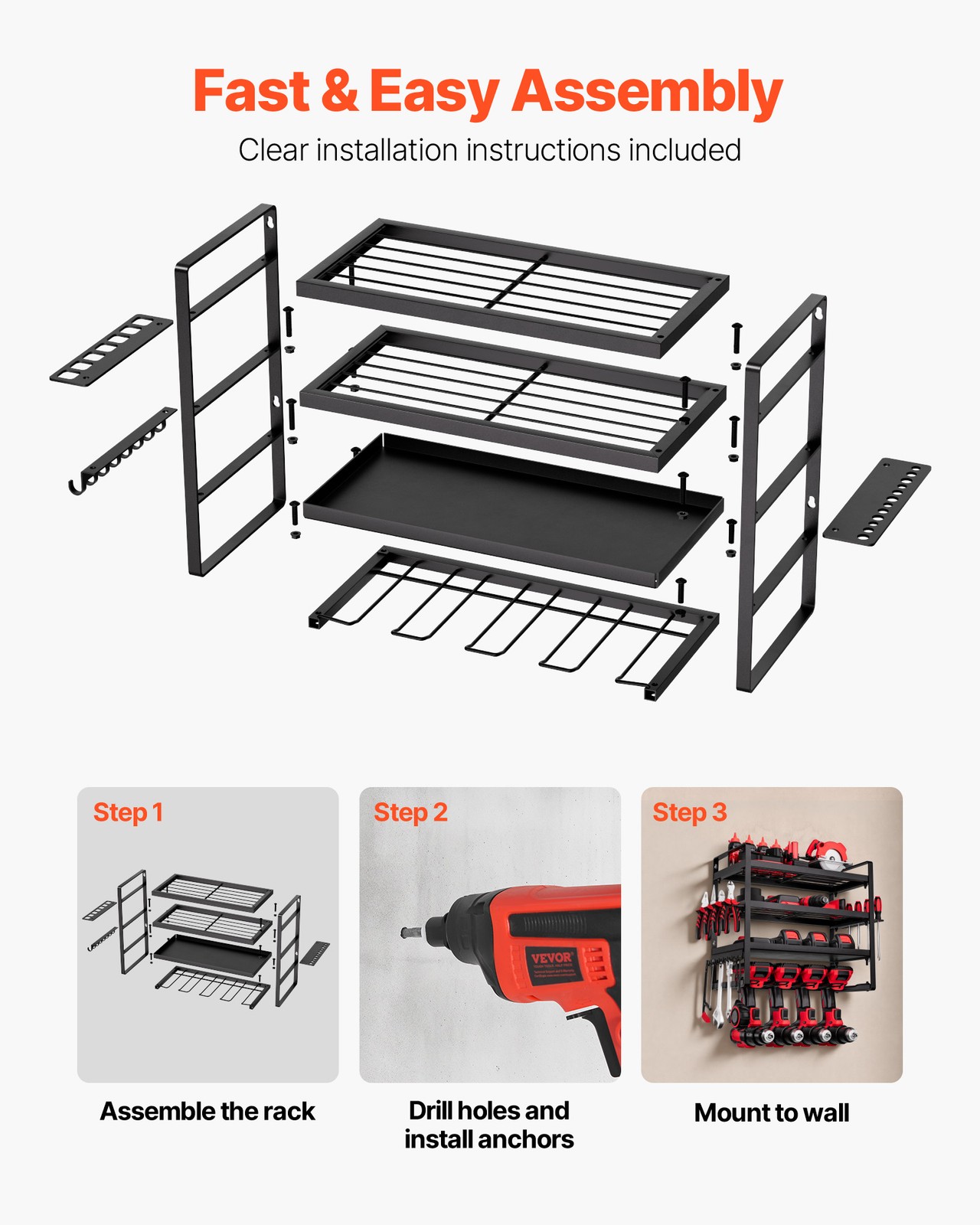 VEVOR Power Tool Organizer Wall Mount 4-Layer Drill Storage Rack 4 Drill Holders