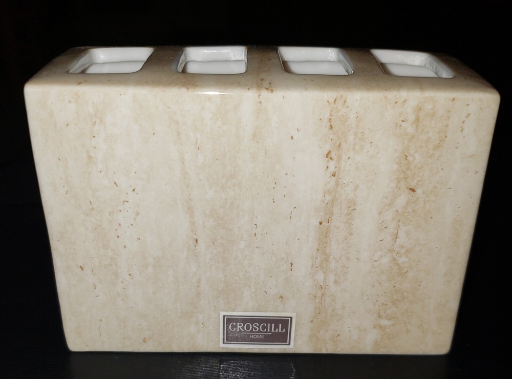 TOOTHBRUSH HOLDER, Cerami 4 Slots Beige Rectangular 5" x 3.5" x 2"