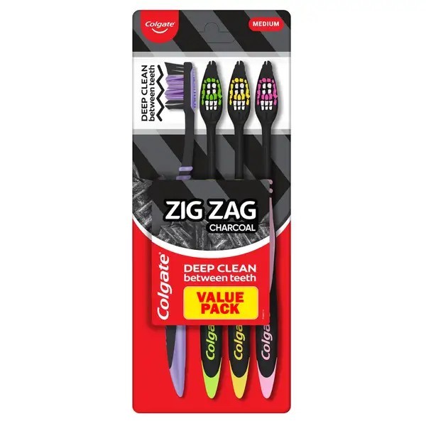 Toothbrush Zig Zag Charcoal Medium 8 Count Bulk Family Value Pack (2x4)