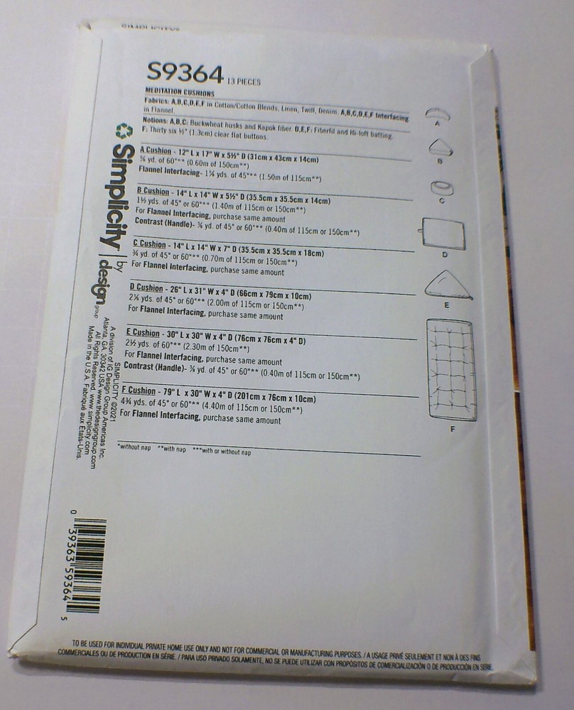 Simplicity Sewing Pattern Meditation Cushions - S9364