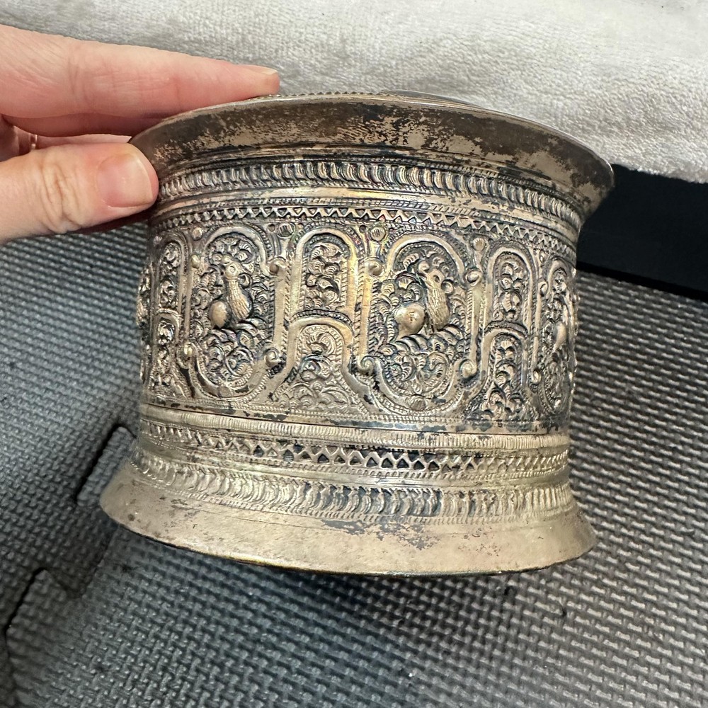 Antique Tin Burmese Betel Ornate Silver Plate Lidded Box Asian Figural 4"