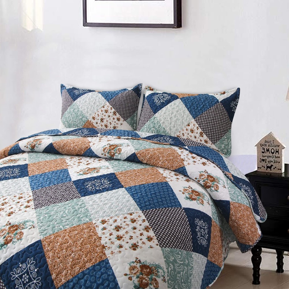Dinjoy Reversible Patchwork Quilt Bedding Set Queen Size Blue Queen,