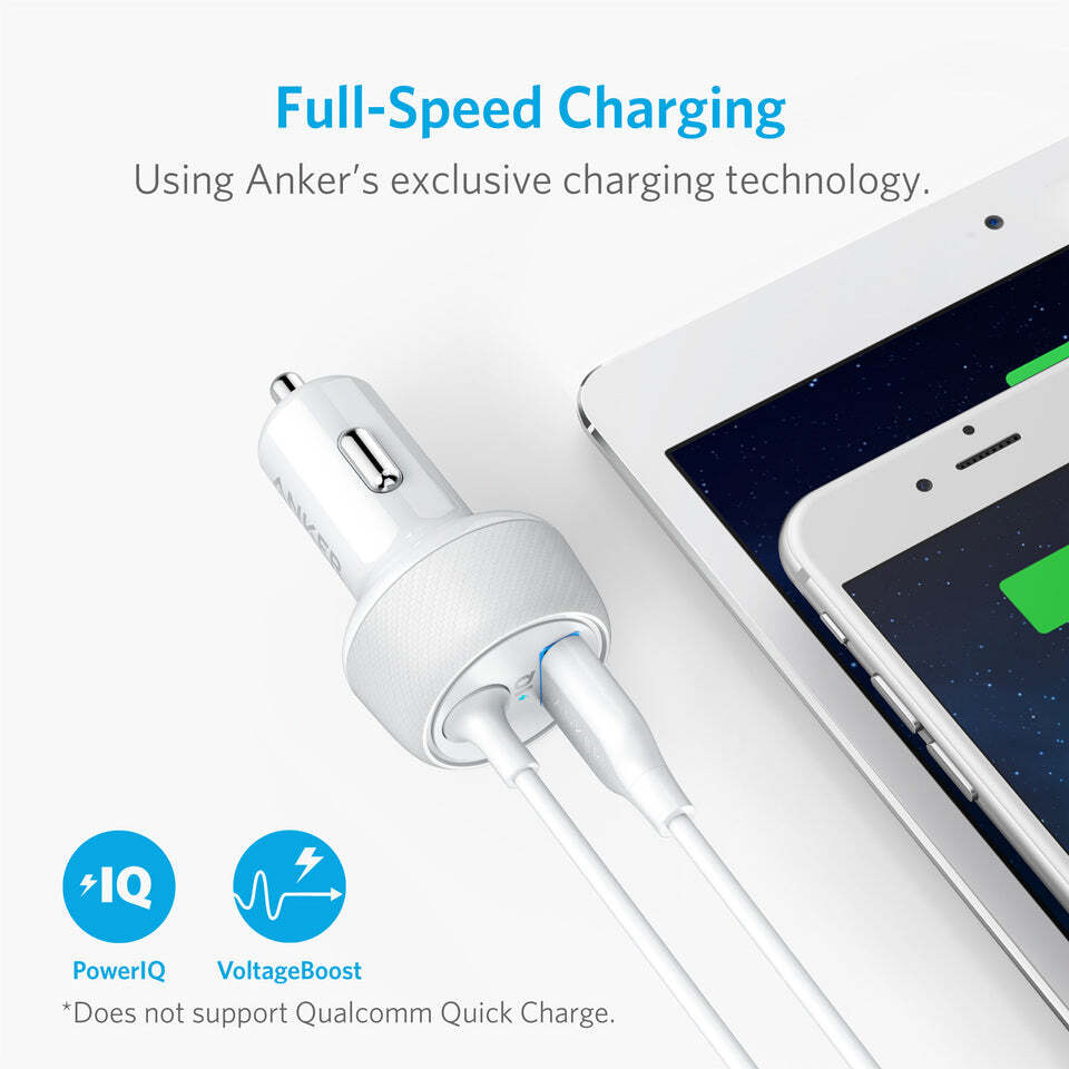 Anker 24W 2-Ports Car Charger Adapter Bulit-in 3ft Lightning Cable MFi-Certified