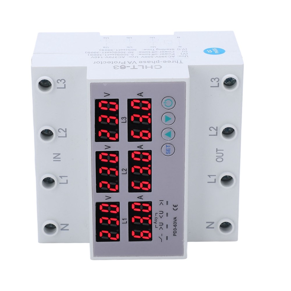 3Phase DIN Rail Voltmeter Ammeter Automatic Overvoltage Overcurrent Protector63A
