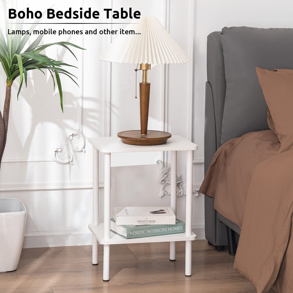 2 Tier End Table, Small Side Table with Solid Wood Legs, Boho Bedside Table w...