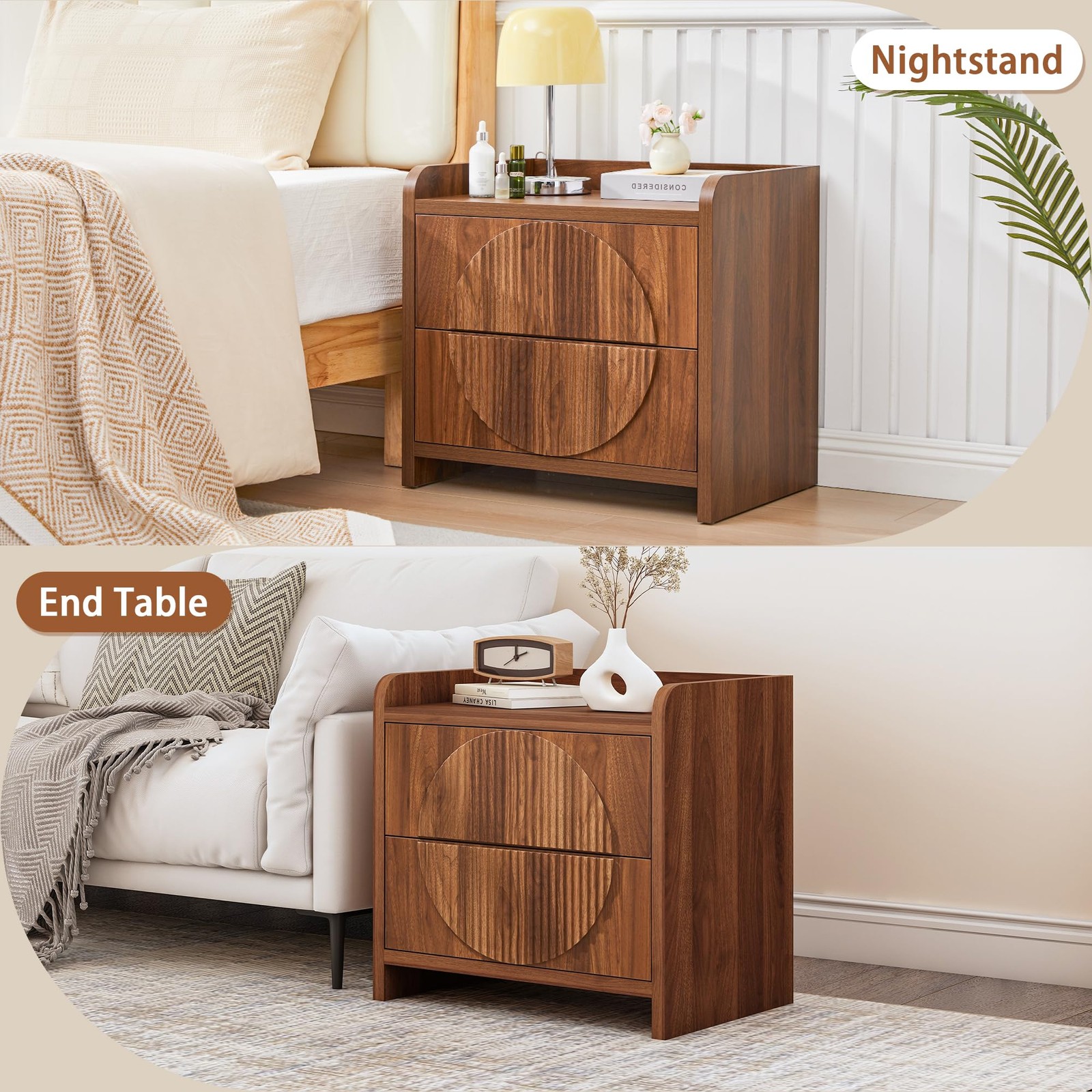 24 Inch Wide Fluted Nightstands Set of 2 Large Night Stand with 2 Drawers