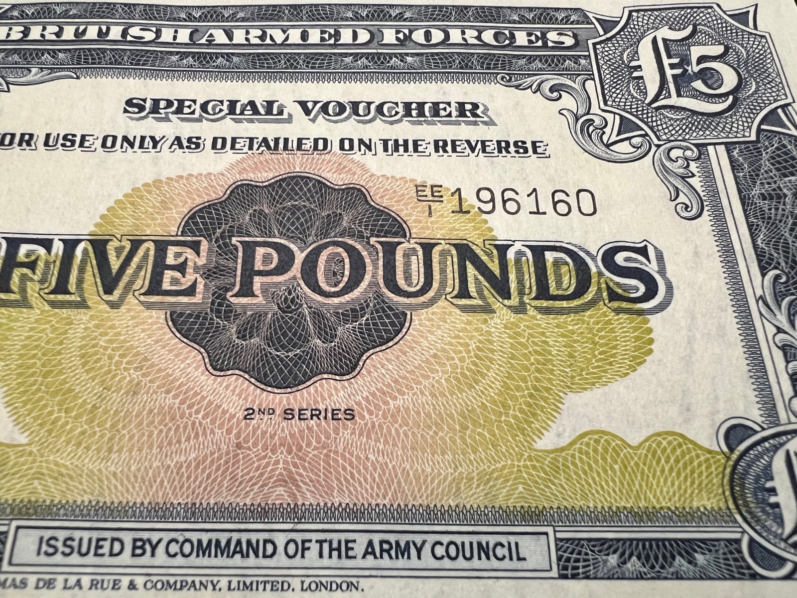 1948 British 5 Pound Armed Forces Banknote Special Voucher WW2 WWII War Money