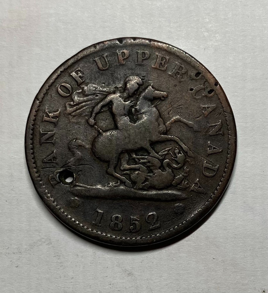 1852 Upper Canada Dragon Slayer One Penny Token PC6B5 - Holed