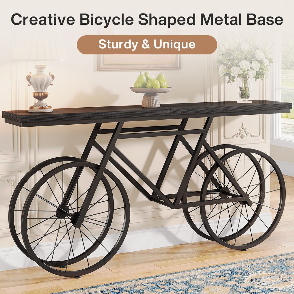 70.9-Inch Extra Long Console Table, Narrow Sofa Table with Bicycle Metal Base