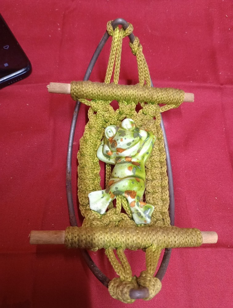 1970s Vintage Lazy Ceramic Frog In A Macrame Hammock