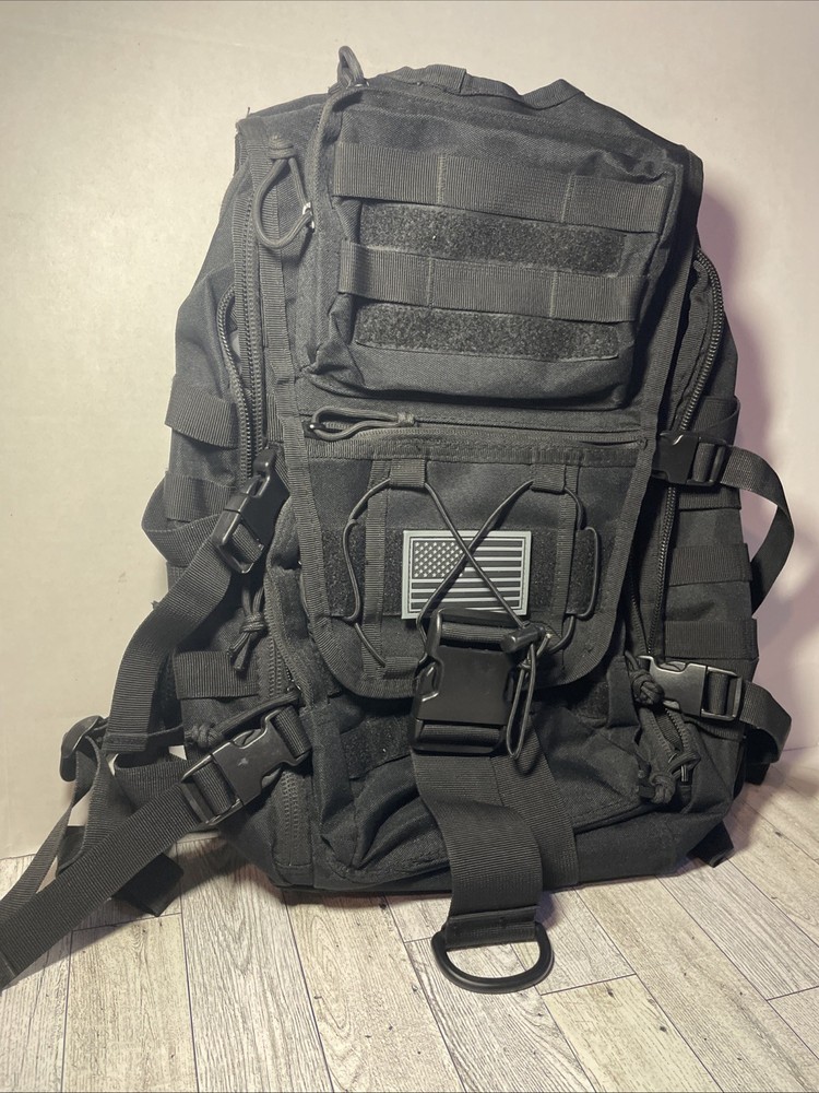 Large Black Military Style Tactical Backpack with many pockets for Storage