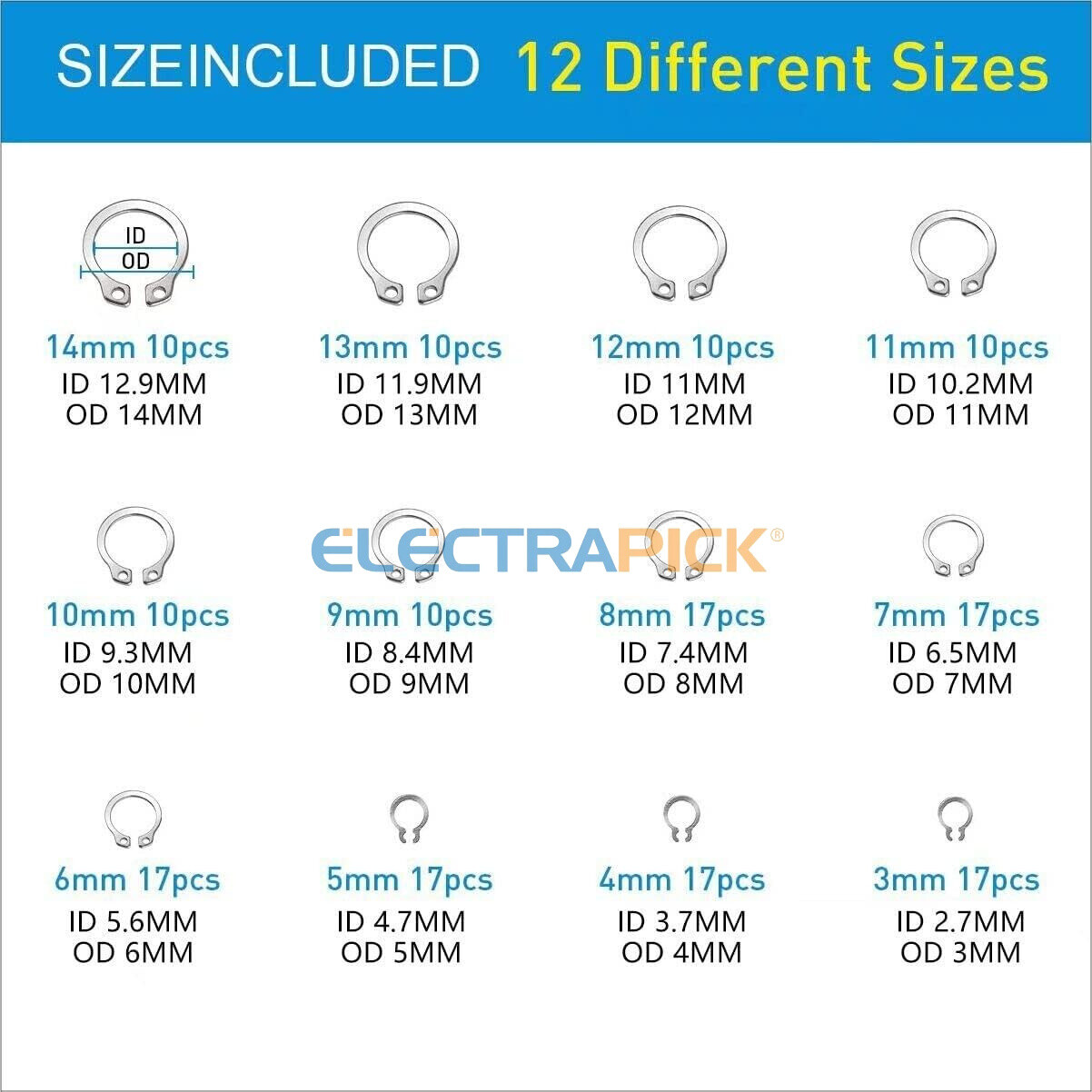 327Pcs Stainless Steel E-Clip Circlip Kit Retaining Ring Assortment Set 24 Sizes