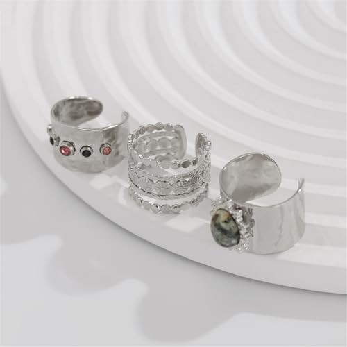 3Pcs Chunky Statement Ring Set for Women,Stackable Wide Band Rings Silver