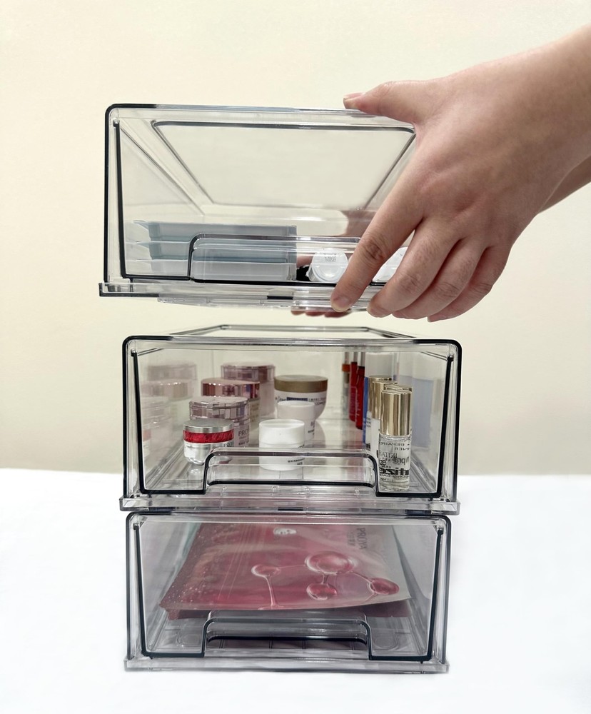 Stackable storage drawers, clear pull-out organizer with handles and non-slip...