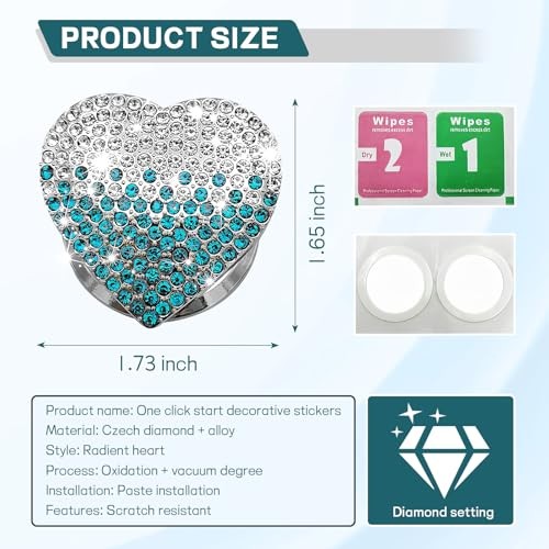 Bling Car Engine Start Button Cover, Cute Heart Shape Diamond Gradient blue