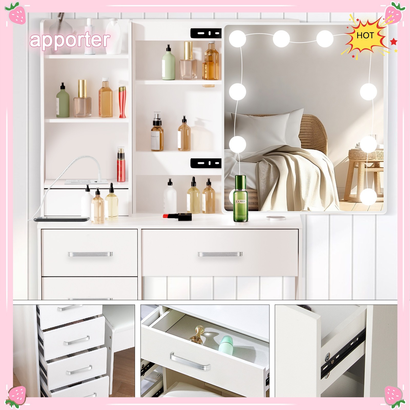 10 LED Bulbs Mirror Vanity Dressing Desk Makeup Dresser Table With USB Port