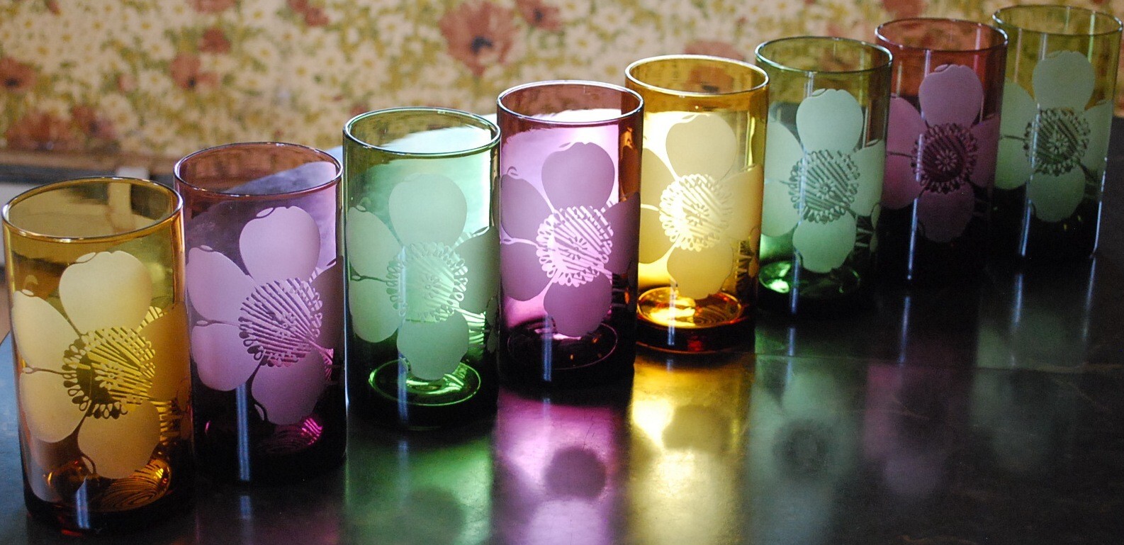 Vtg Set 8 PIER 1 Tumbler Glasses ETCHED FLOWER Hand Blown 6" Multicolor 20 Ounce