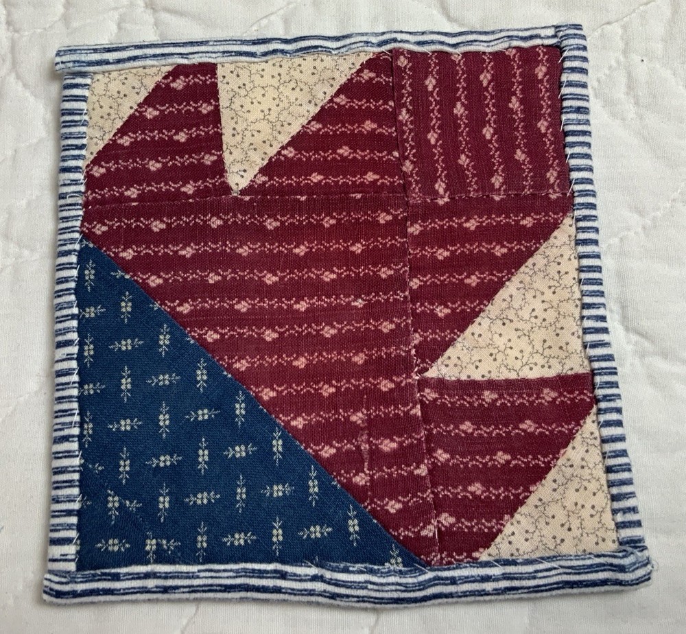 Antique Patchwork Quilt Table Topper, Early Calico Prints, Triangles, Burgundy