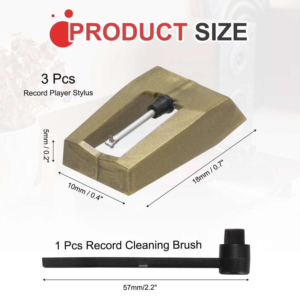 3 Pack Record Player Needle, Replacement Record Needle with Cleaning Brush, Gold