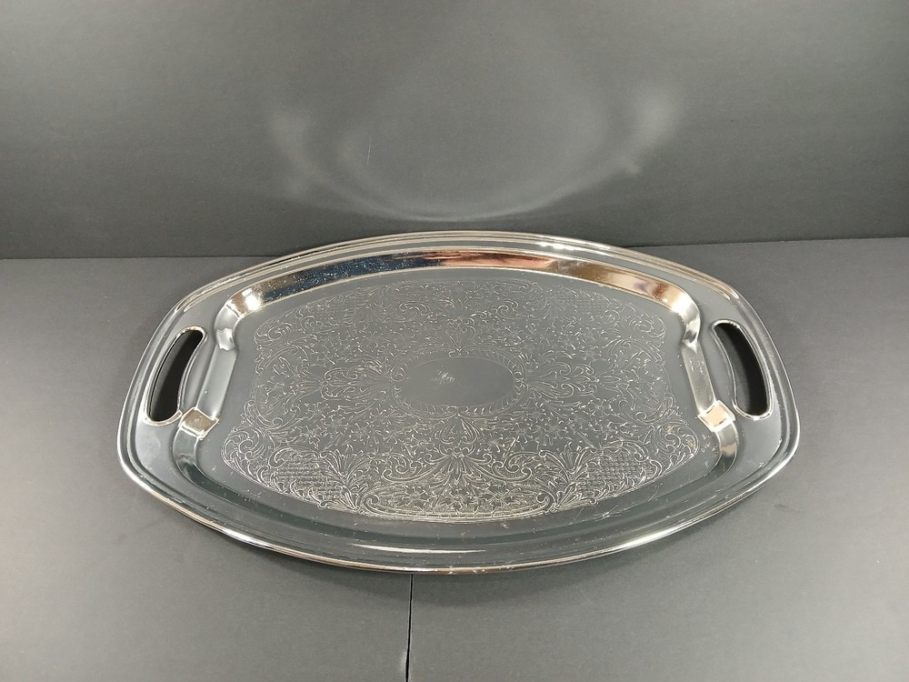 Vintage Chrome-plated Oval Serving Tray w/ Decorative Engraved Ornate Detailing