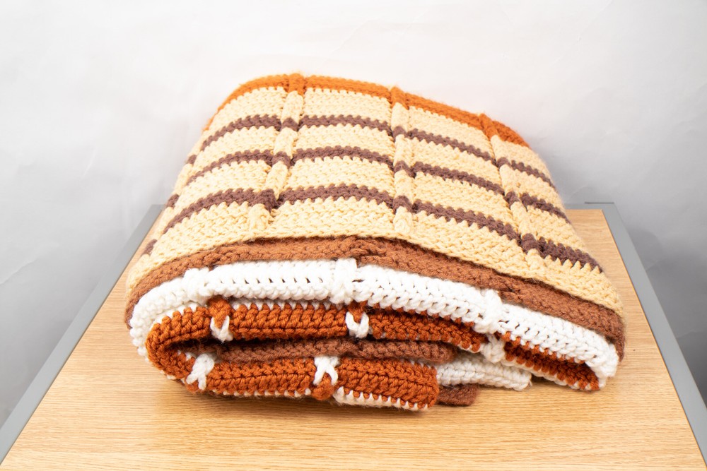 Afghan Throw White Tan Brown Rust 75" X 48"