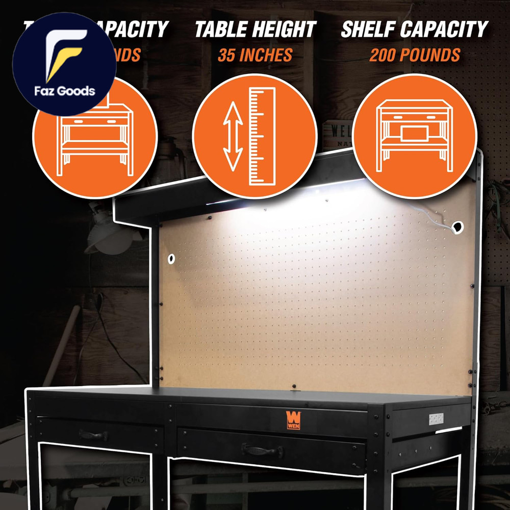 48-Inch Workbench with Power Outlets and Light Black