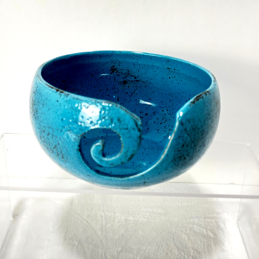 Handmade Rustic Turquoise Ceramic Round Sewing Tools Organizer/Knitting Yarn Bow