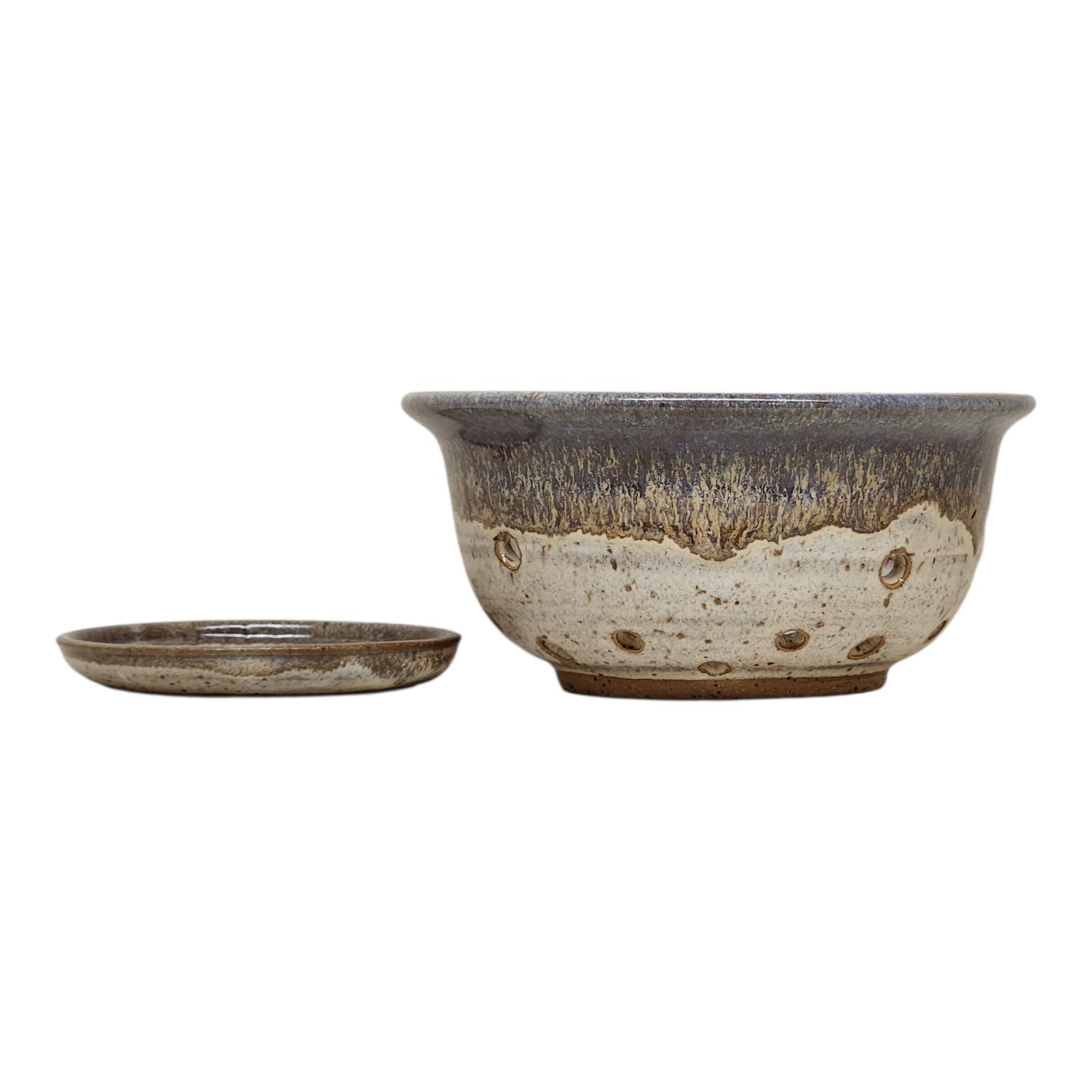 Studio Art Pottery Stoneware Berry Colander Strainer Bowl Underplate Signed